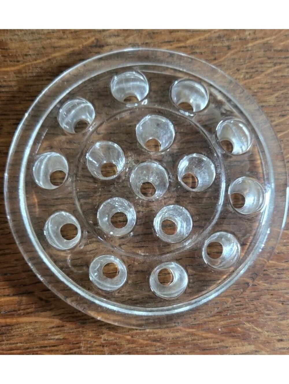 Vintage Clear Round Glass 16 Hole Flower Frog Flowers Arrangements Holder 5”